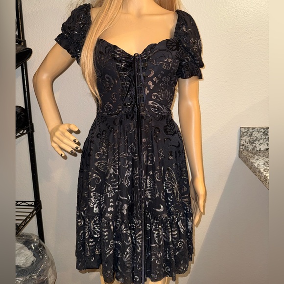 NWT BlackMilk Burned Velvet Skull Butterfly Garden Corseted Dress in Pewter L - Picture 2 of 10